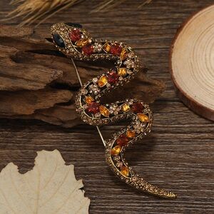 Gold Snake Brooch with Red Amber Crystals Serpent Brooch